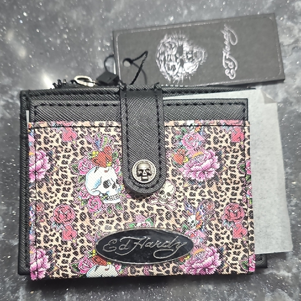NWT Ed Hardy Leopard Print Card Holder Wallet – Skull & Rose Tattoo Art